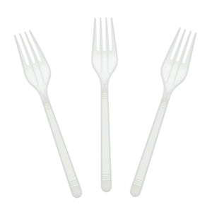 Three Medium Heavy Weight White Polypropylene Forks set out flat