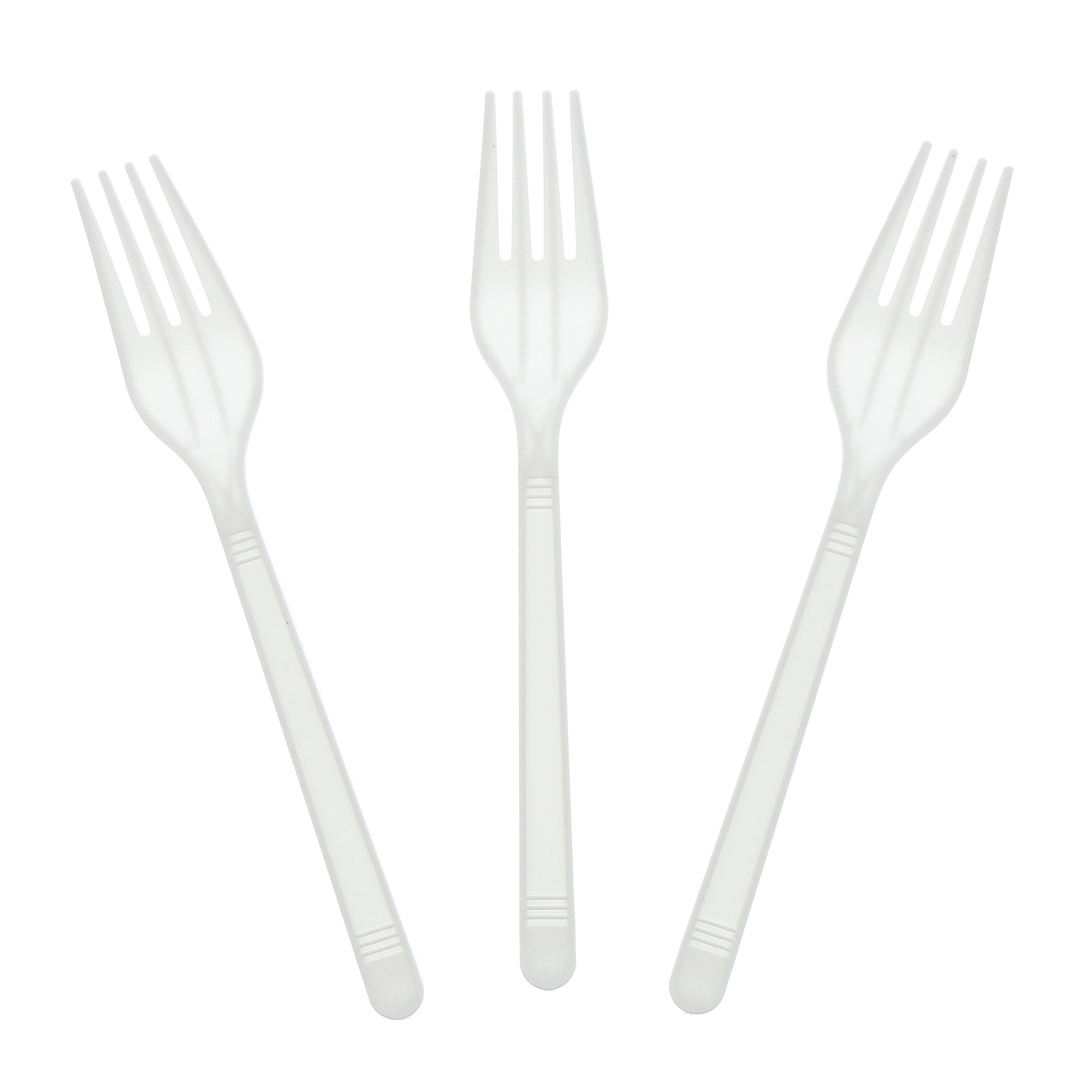 Three Medium Heavy Weight White Polypropylene Forks set out flat