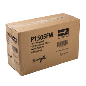closed case of Heavy Weight White Polypropylene Individually Wrapped Forks