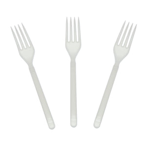three Heavy Weight White Polypropylene Forks set out flat