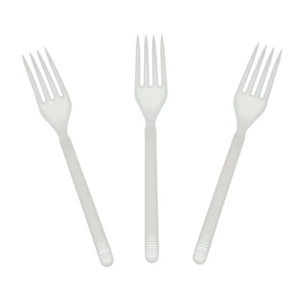 three Heavy Weight White Polypropylene Forks set out flat