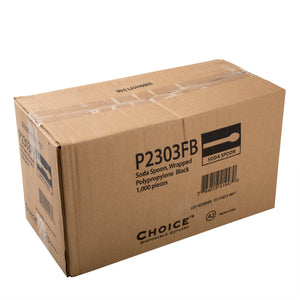 closed case of Medium Weight Black Polypropylene Individually Wrapped Soda Spoons