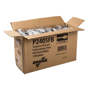 open case of Medium Heavy Weight Black Polypropylene Individually Wrapped Teaspoons