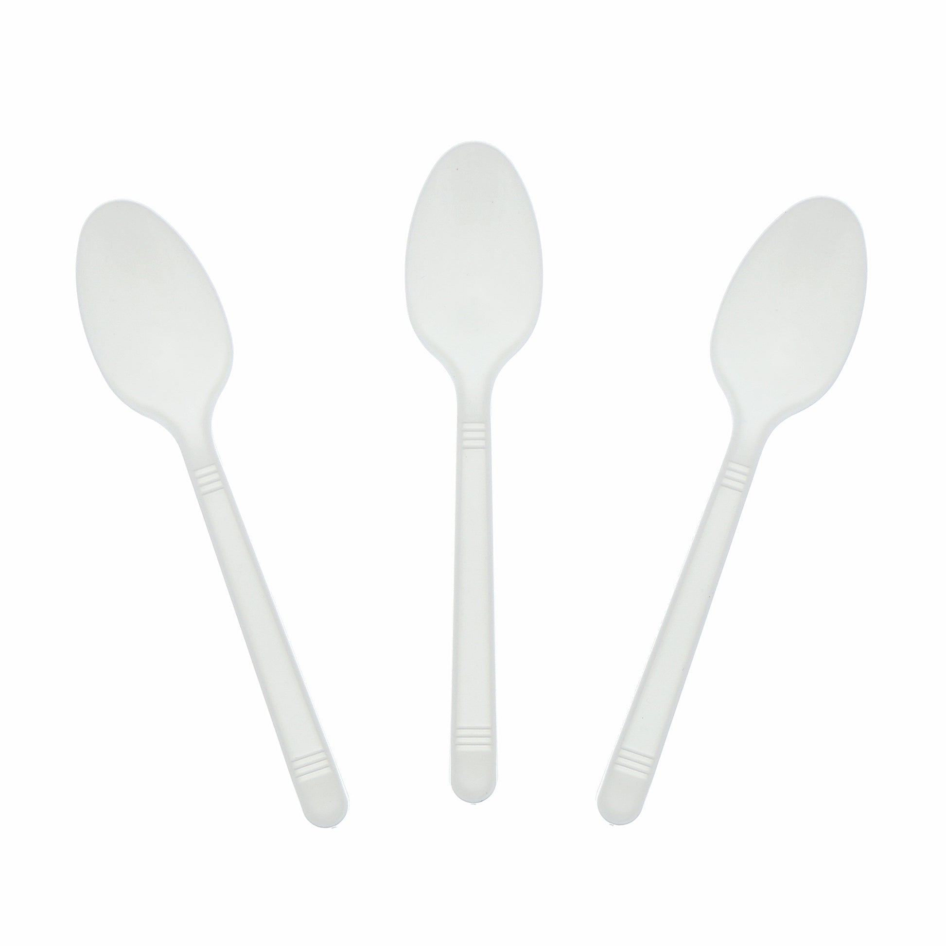 Three Medium Heavy Weight White Polypropylene Teaspoons set out flat