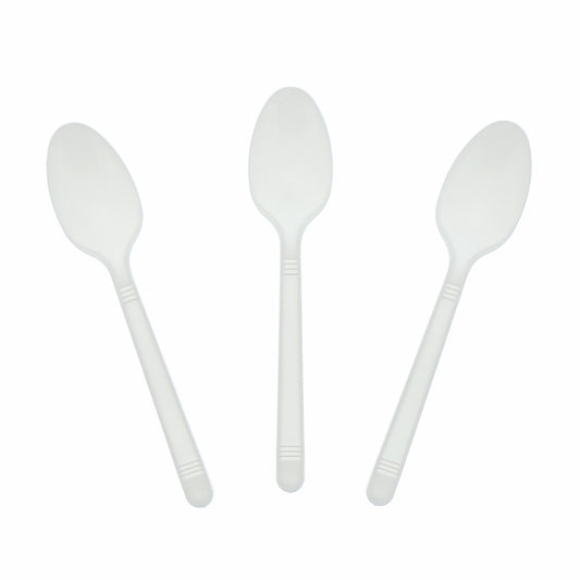 Three Medium Heavy Weight White Polypropylene Teaspoons set out flat