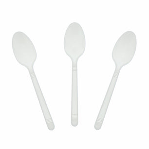 Three Medium Heavy Weight White Polypropylene Teaspoons set out flat