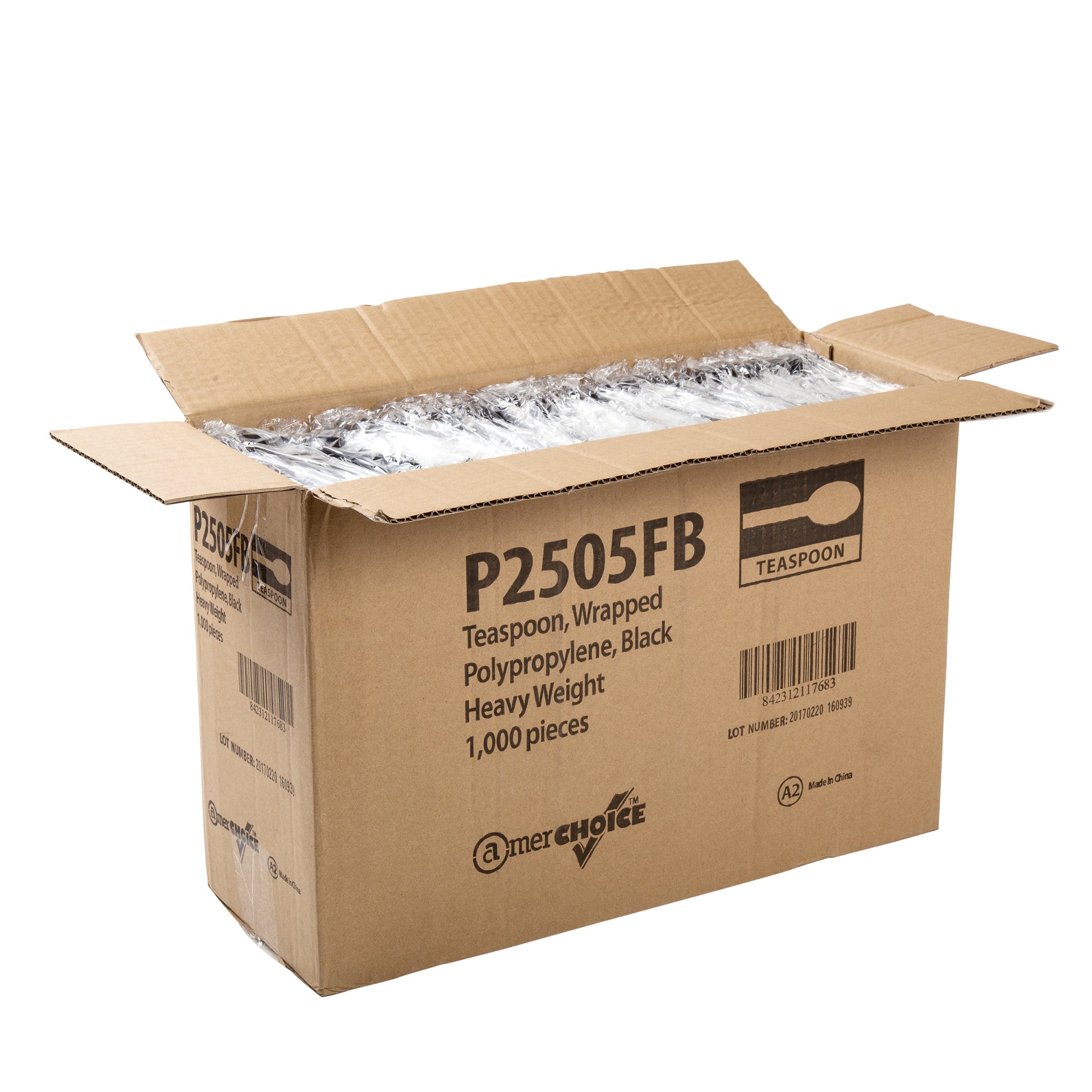 open case of Heavy Weight Black Polypropylene Individually Wrapped Teaspoons