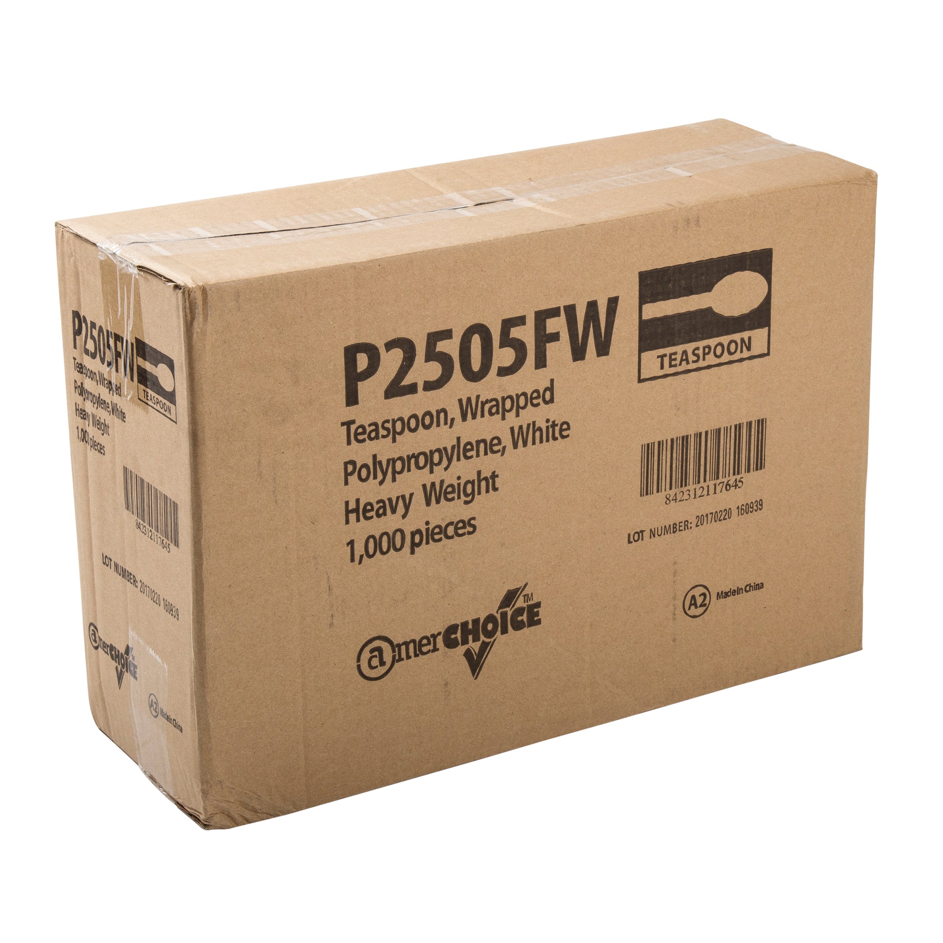 closed case of Heavy Weight White Polypropylene Individually Wrapped Teaspoons