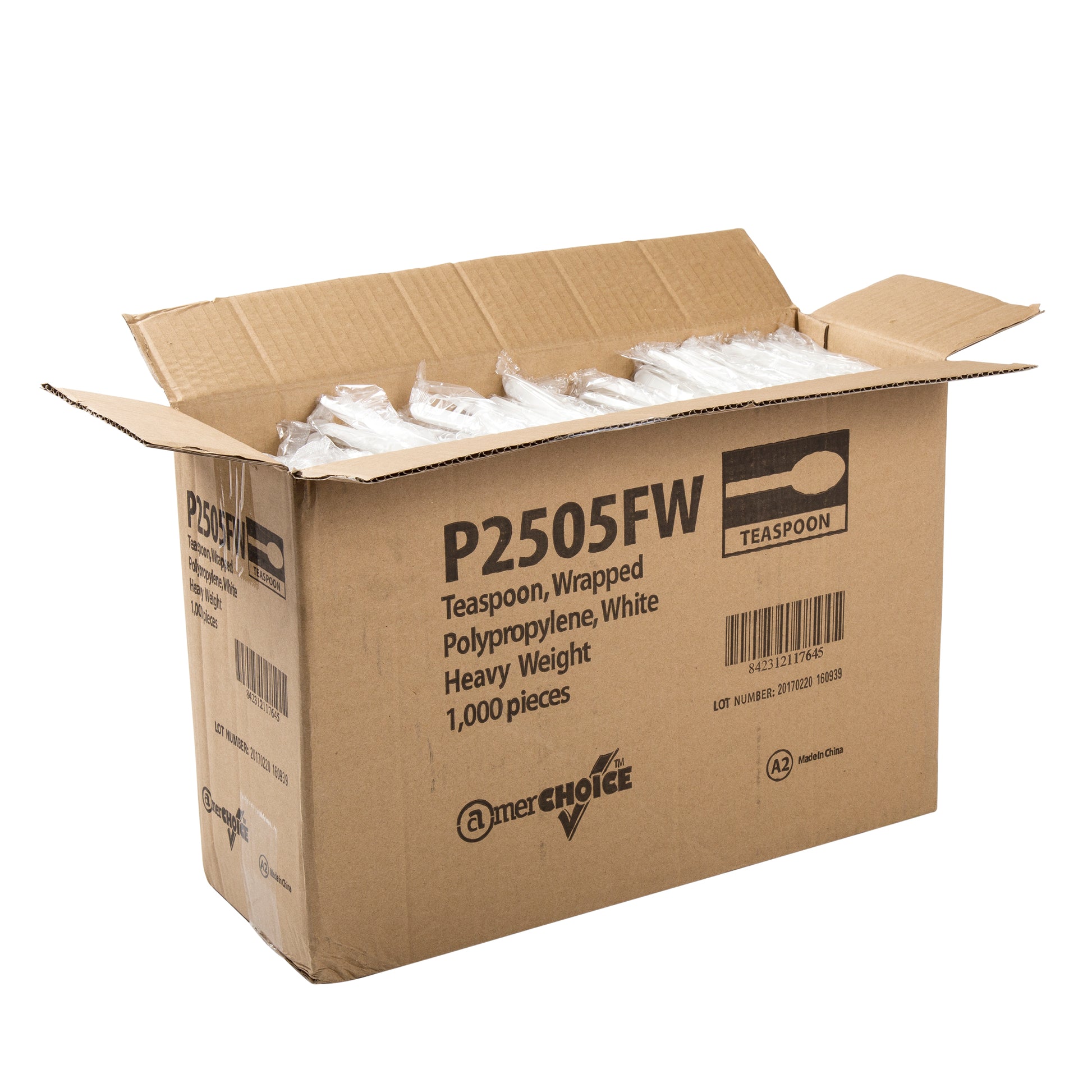 open case of Heavy Weight White Polypropylene Individually Wrapped Teaspoons