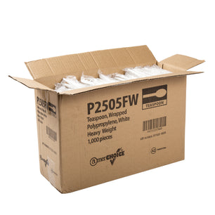 open case of Heavy Weight White Polypropylene Individually Wrapped Teaspoons