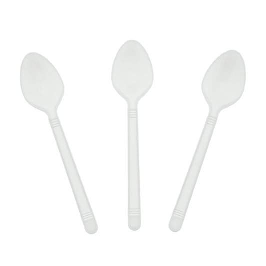 Three Heavy Weight White Polypropylene Teaspoons set out flat