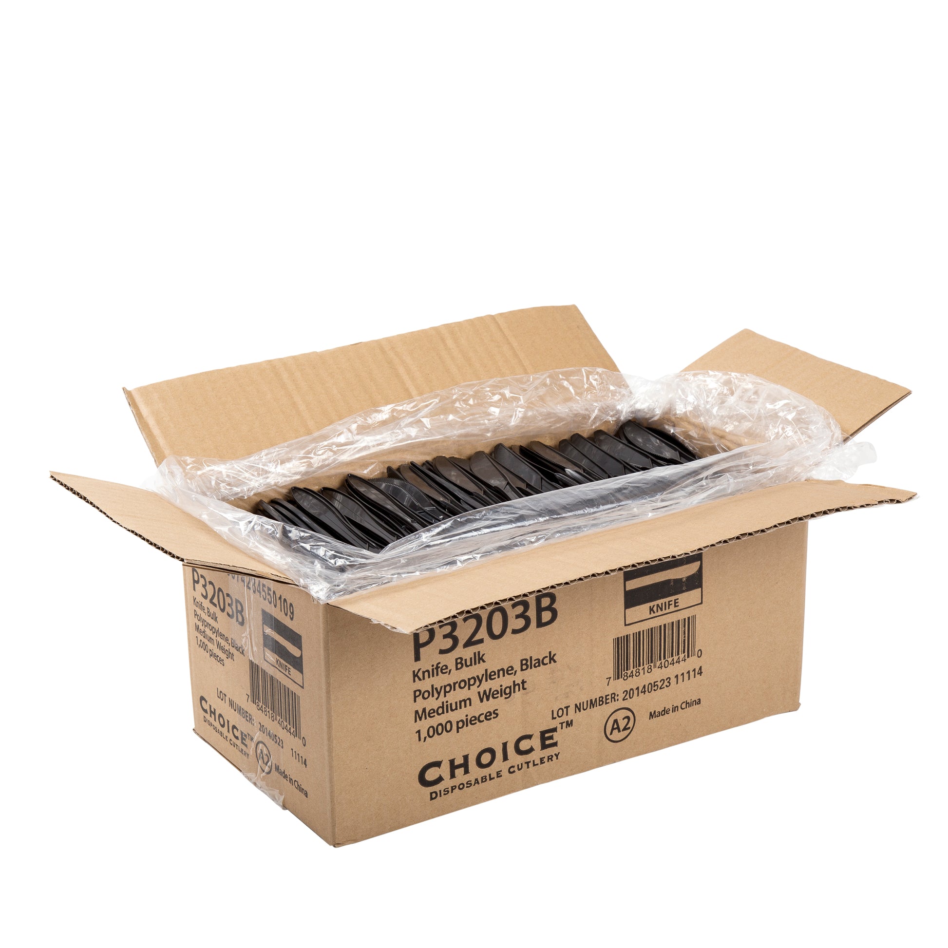 Open case of 3 Medium Weight Black Polypropylene Knives