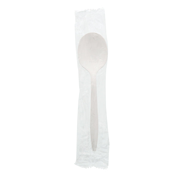 One Medium Weight White Polypropylene Individually Wrapped Soup Spoon