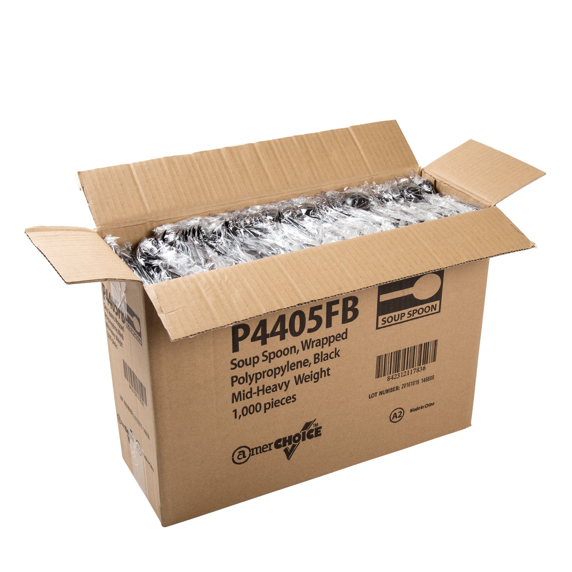 open case of Medium Heavy Weight Black Polypropylene Individually Wrapped Soupspoons