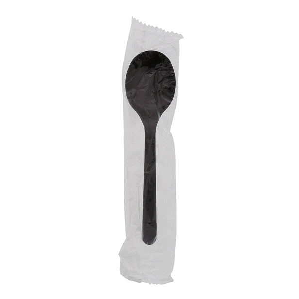 one Medium Heavy Weight Black Polypropylene Individually Wrapped Soupspoon