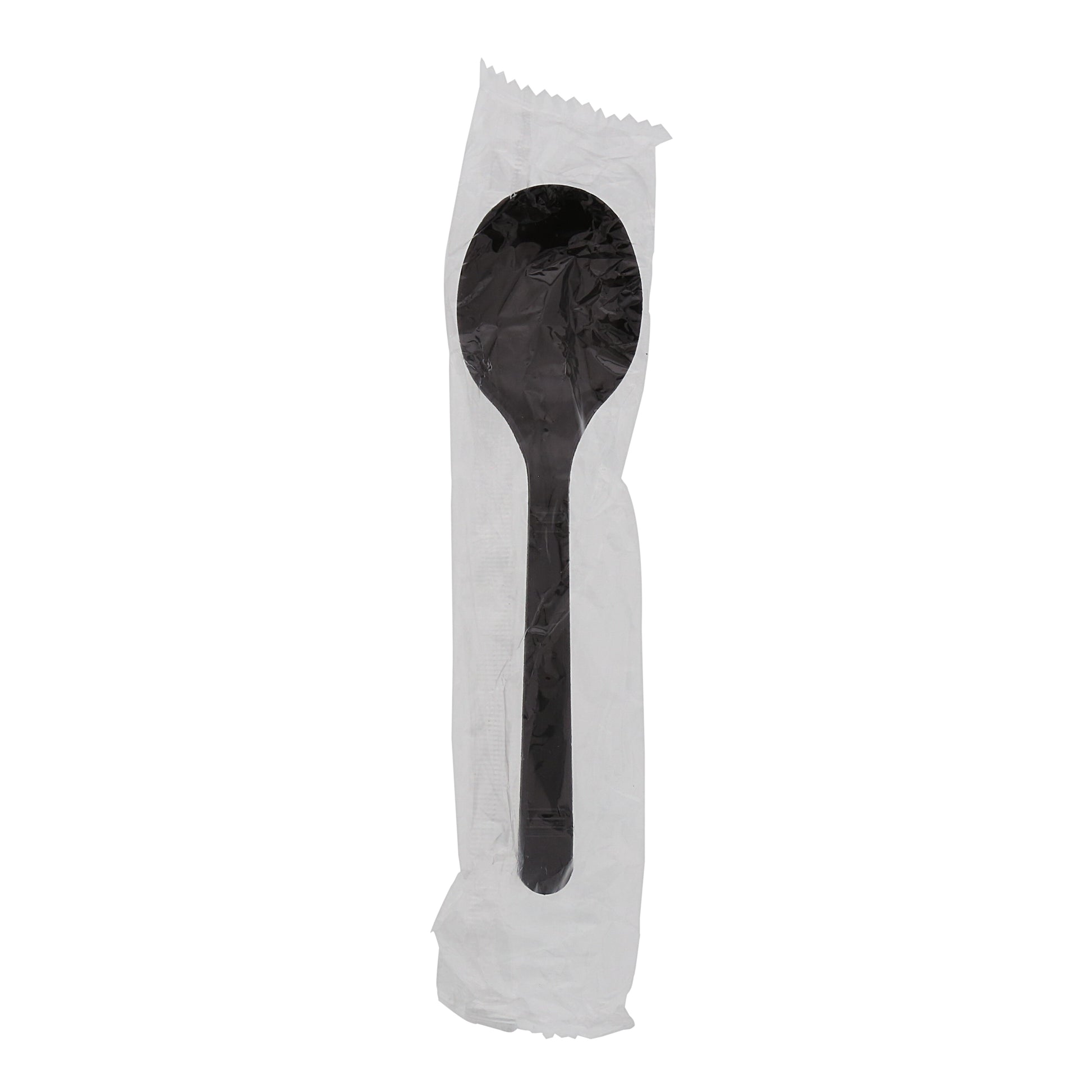 one Medium Heavy Weight Black Polypropylene Individually Wrapped Soupspoon
