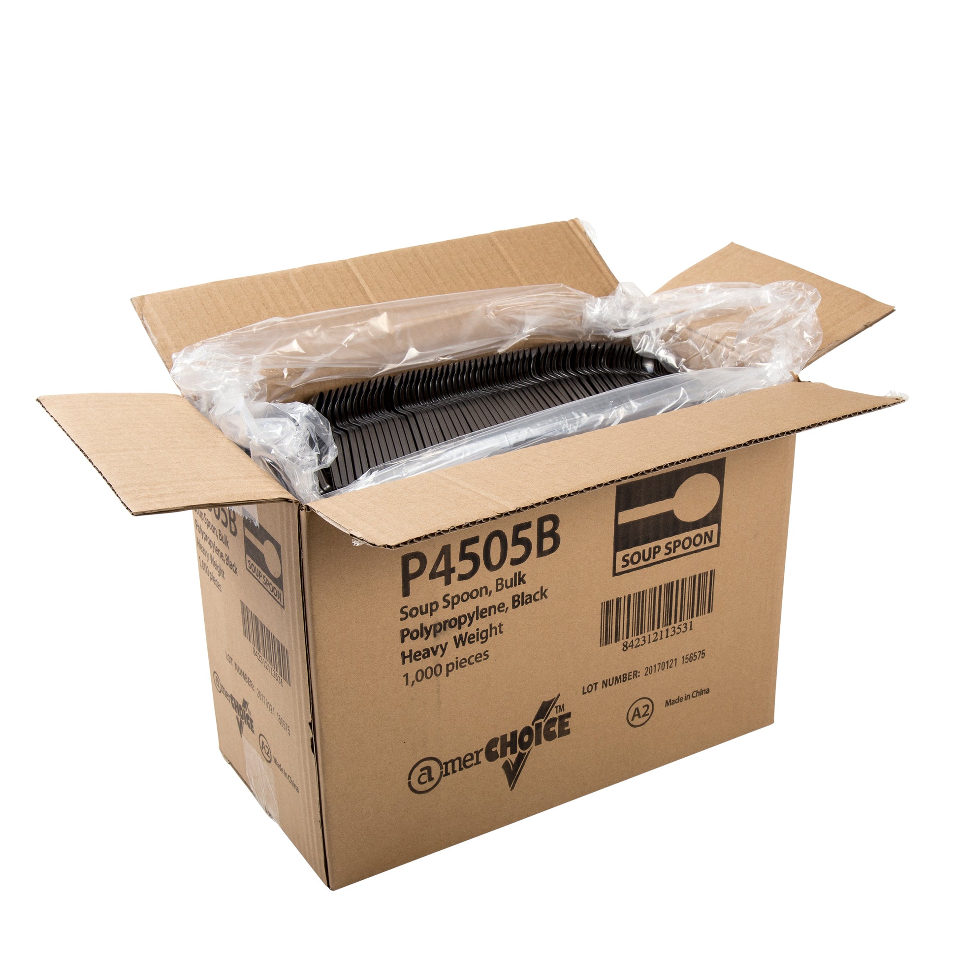 open case of Heavy Weight Black Polypropylene Soupspoons