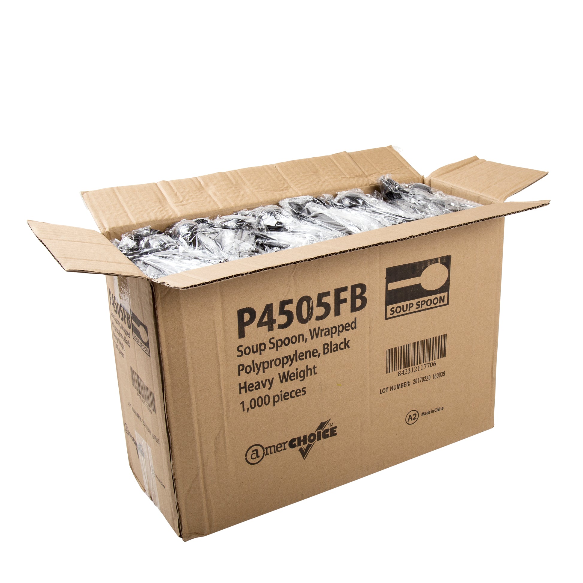 open case of Heavy Weight Black Polypropylene Individually Wrapped Soupspoons