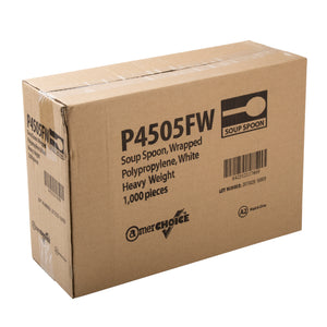 closed case of Heavy Weight White Polypropylene Individually Wrapped Soup Spoons