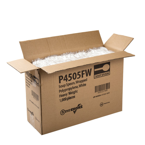 open case of Heavy Weight White Polypropylene Individually Wrapped Soup Spoons