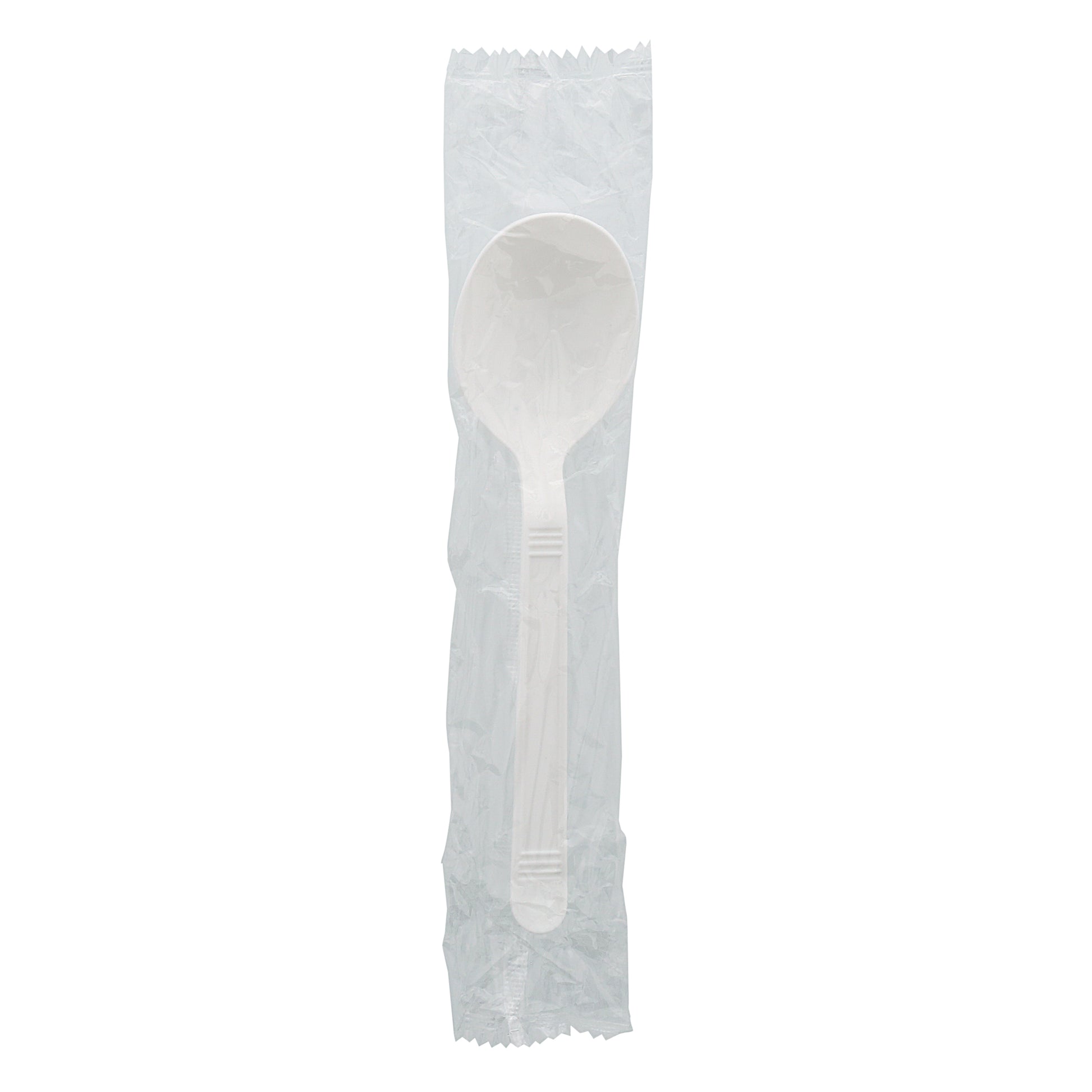 one Heavy Weight White Polypropylene Individually Wrapped Soup Spoon