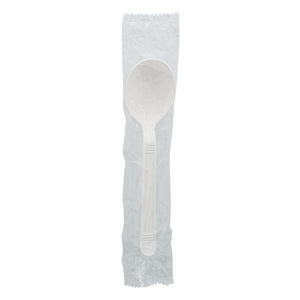 one Heavy Weight White Polypropylene Individually Wrapped Soup Spoon