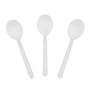 Three Heavy Weight White Polypropylene Soupspoons set out flat