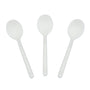 Three Heavy Weight White Polypropylene Soupspoons set out flat