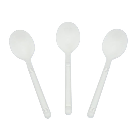 Three Heavy Weight White Polypropylene Soupspoons set out flat