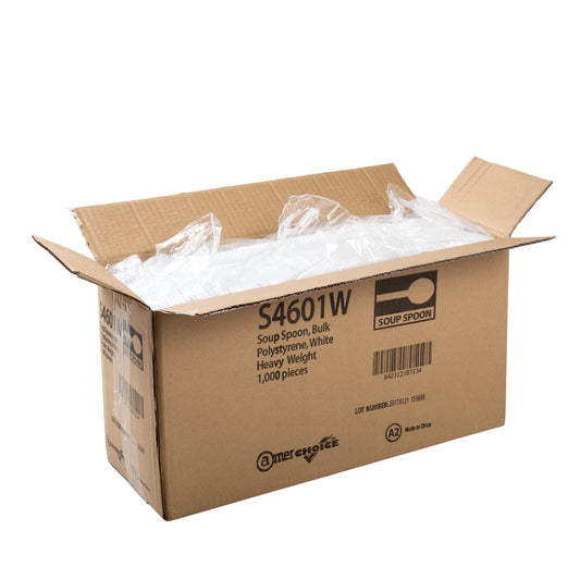 Open case of Heavy White polystyrene Soup Spoons