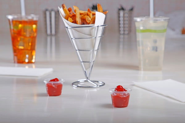 sweet potato fries with two 1 oz portion cups full of ketchup