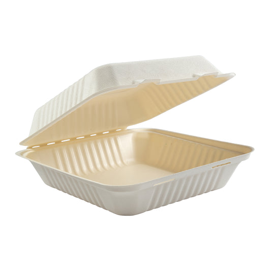 No PFAS added 9" x 9" x 3.19" Large Molded Fiber Deep Hinged Lid Containers, PLA Lined, Case of 160