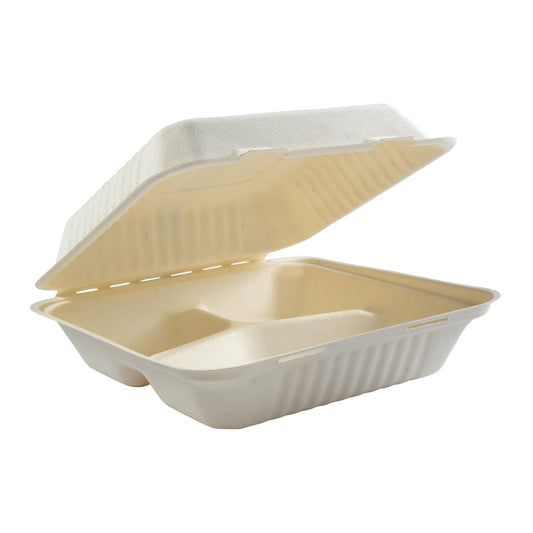 No PFAS added 9" x 9" x 3.19"  Large 3 Section Molded Fiber Deep Hinged Lid Containers, PLA Lined, Case of 160