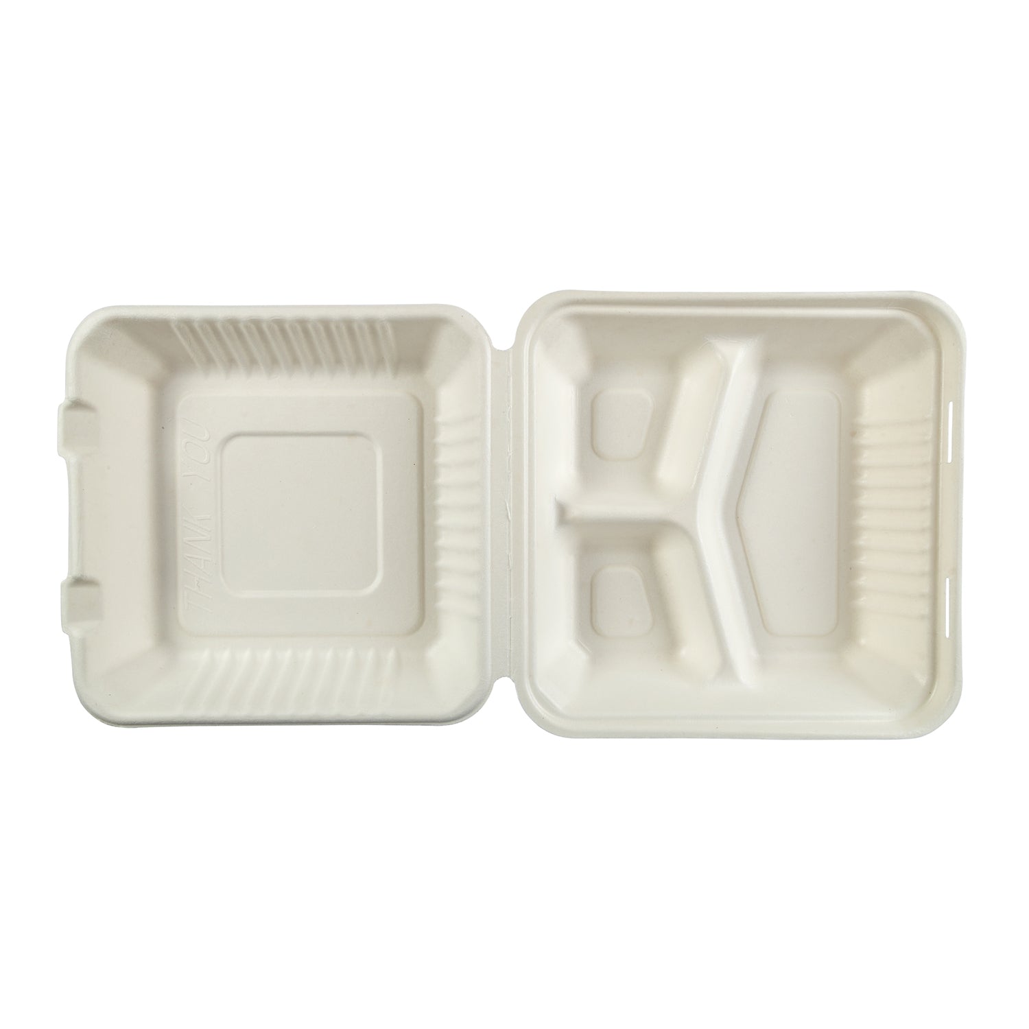 No PFAS added 9" x 9" x 3.19"  Large 3 Section Molded Fiber Deep Hinged Lid Containers, PLA Lined, Case of 160