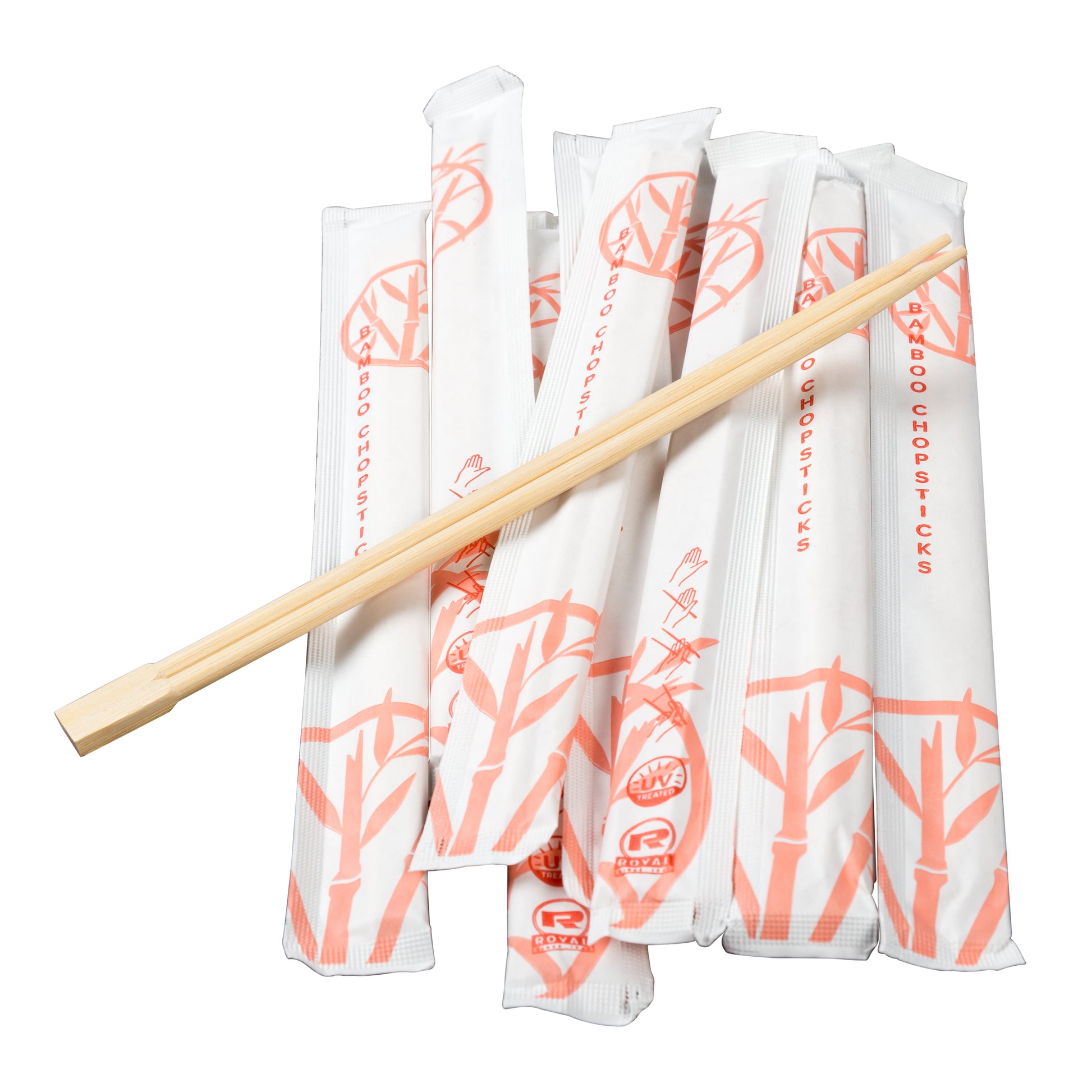 Twin Bamboo Chopsticks in Sleeves on a pile of wrapped chopsticks