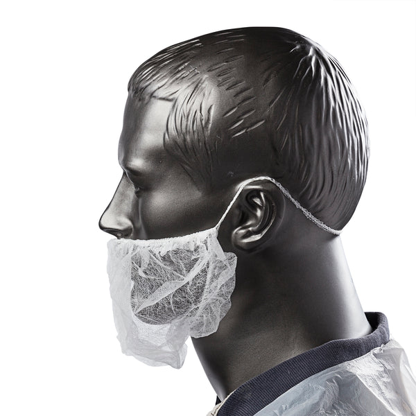 White Latex Free Polypropylene Beard Protector on Head - Side View