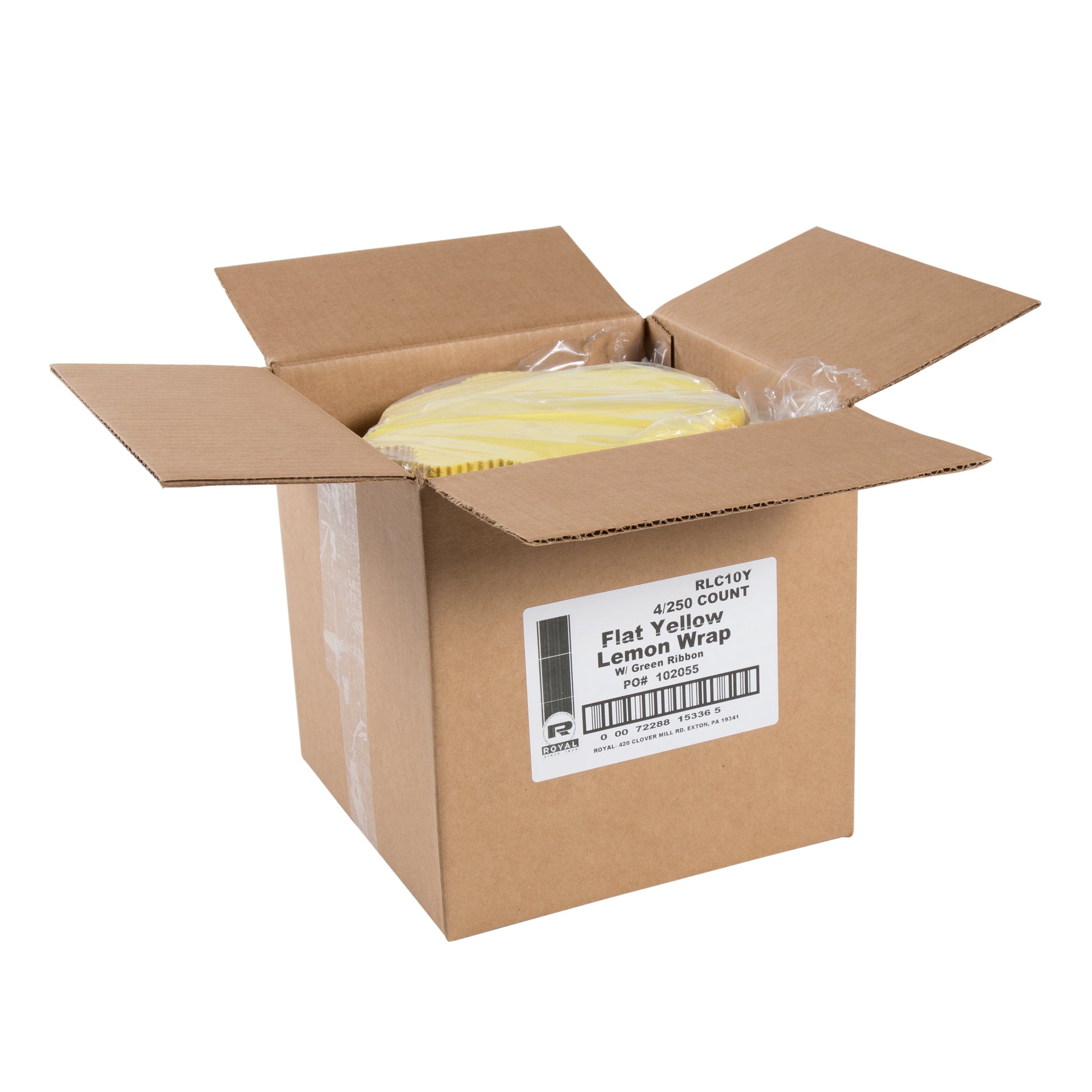 open case of Flat Yellow Lemon Wraps with Green Ribbons