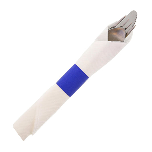 Blue Paper Napkin Band with Napkin and Silverware