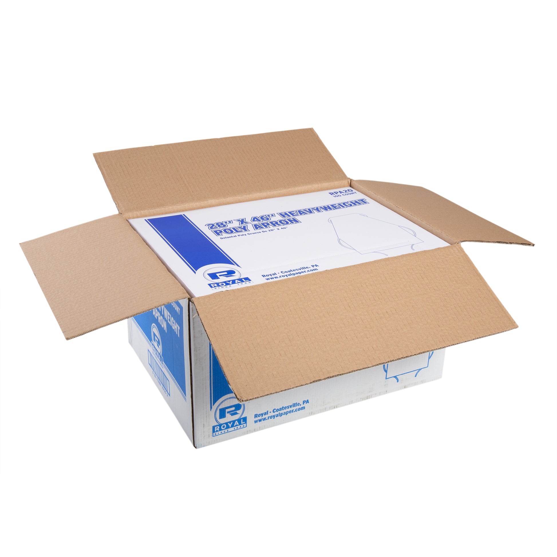 28" x 46" 1 Mil Poly Apron with Ties full case - open