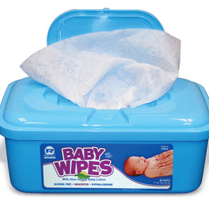 Unscented Baby Wipes in blue plastic package with one being pulled out