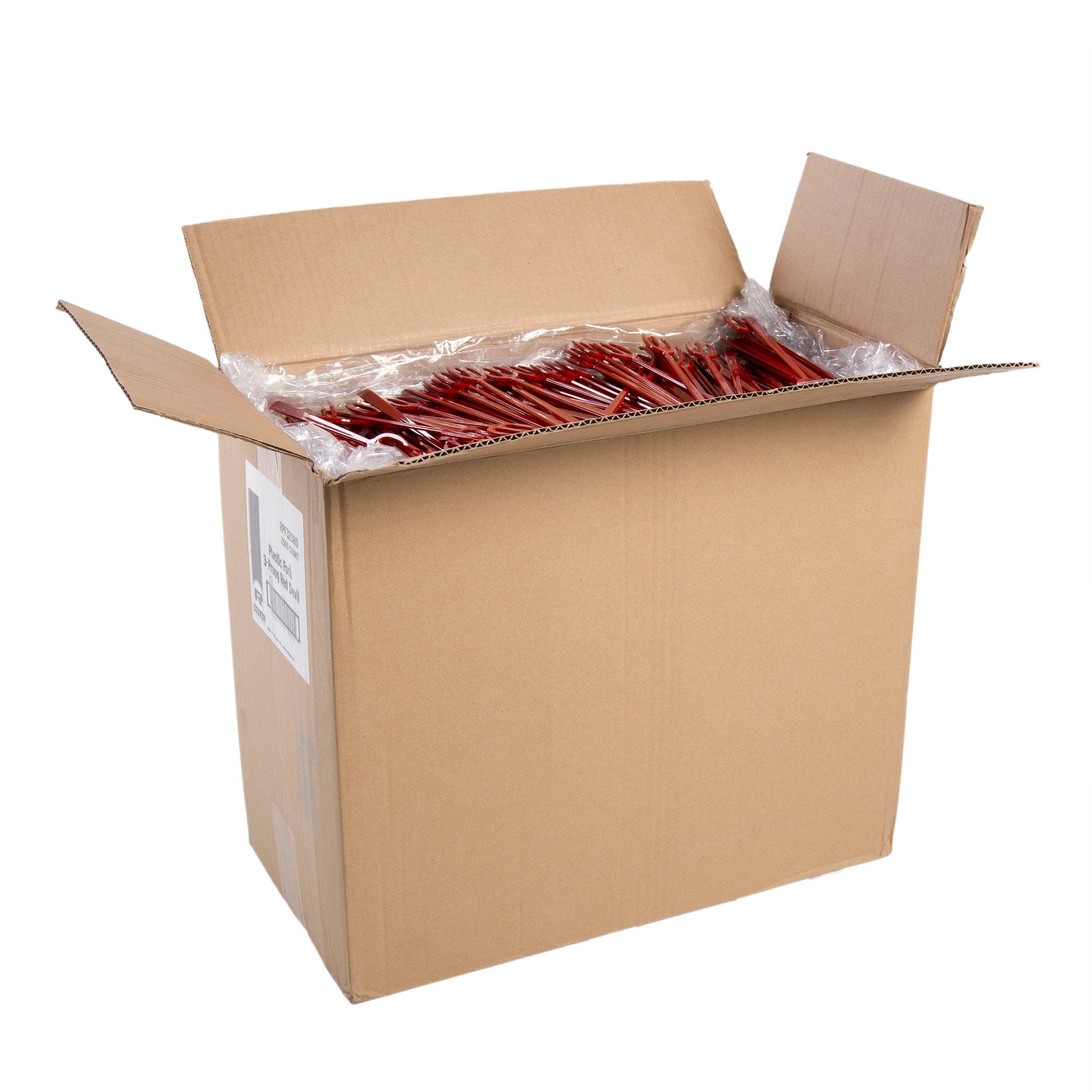 2500 Plastic 3 Prong Red Devil Forks in an open case