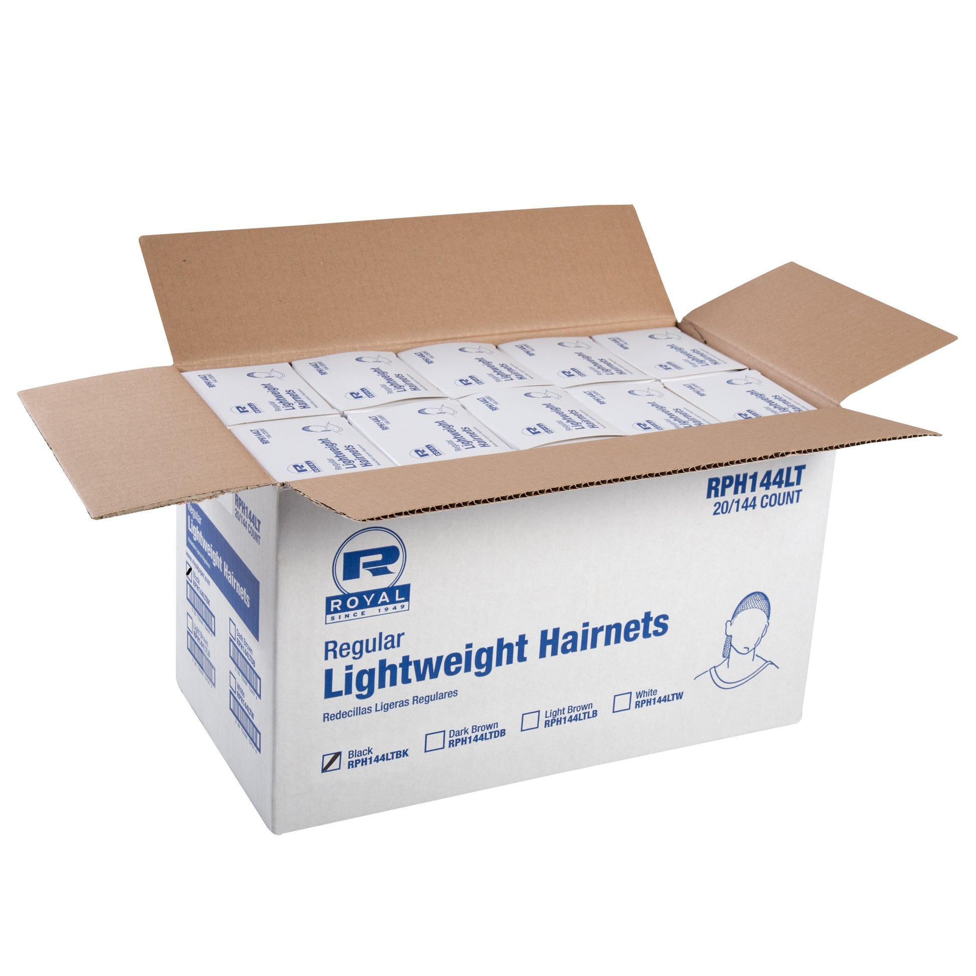 Open full case of 24" Black Light Weight Hairnet Latex Free