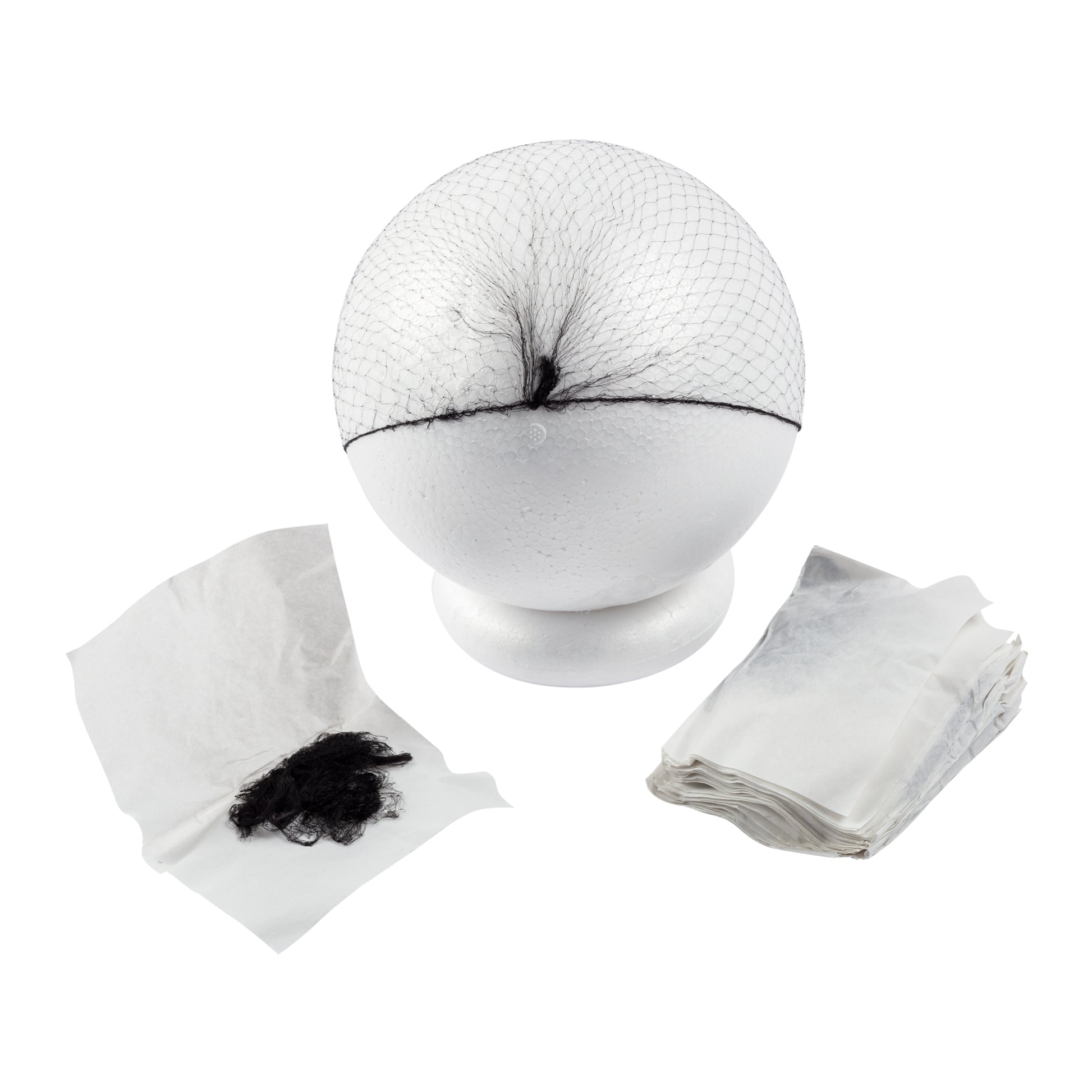 24" Black Light Weight Hairnet Latex Free on foam ball with paper wrapped hairnets to the side
