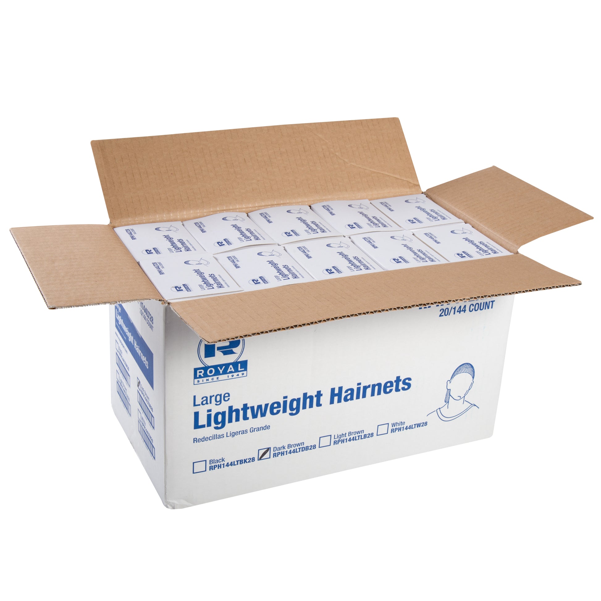 opened case of 28" Dark Brown Light Weight Hairnet Latex Free
