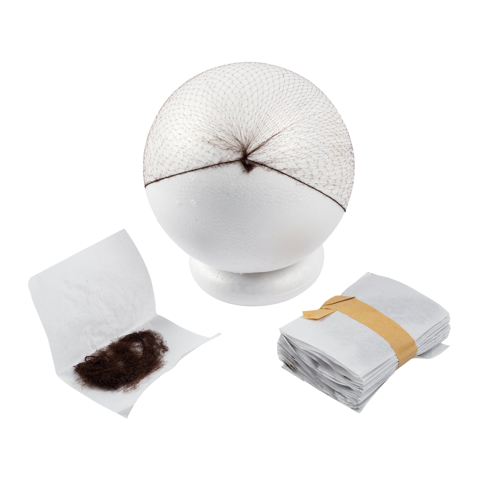 28" Dark Brown Light Weight Hairnet Latex Free on foam ball with paper wrapped hairnets to the wide