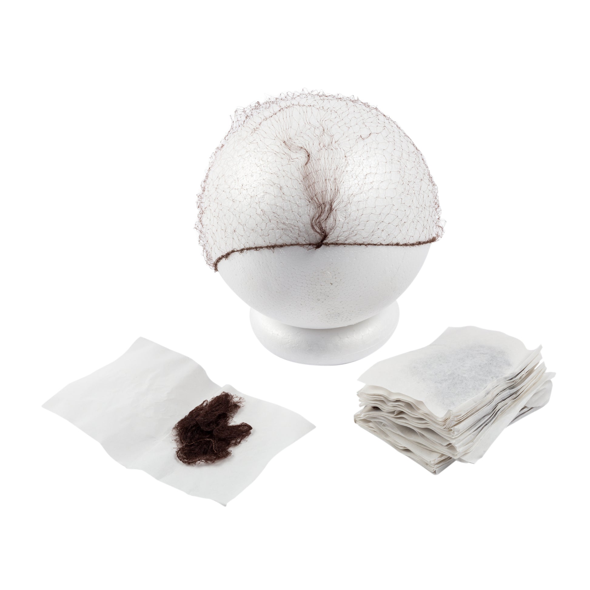 24" Dark Brown Light Weight Hairnet Latex Free on foam ball with paper wrapped hairnets to the side