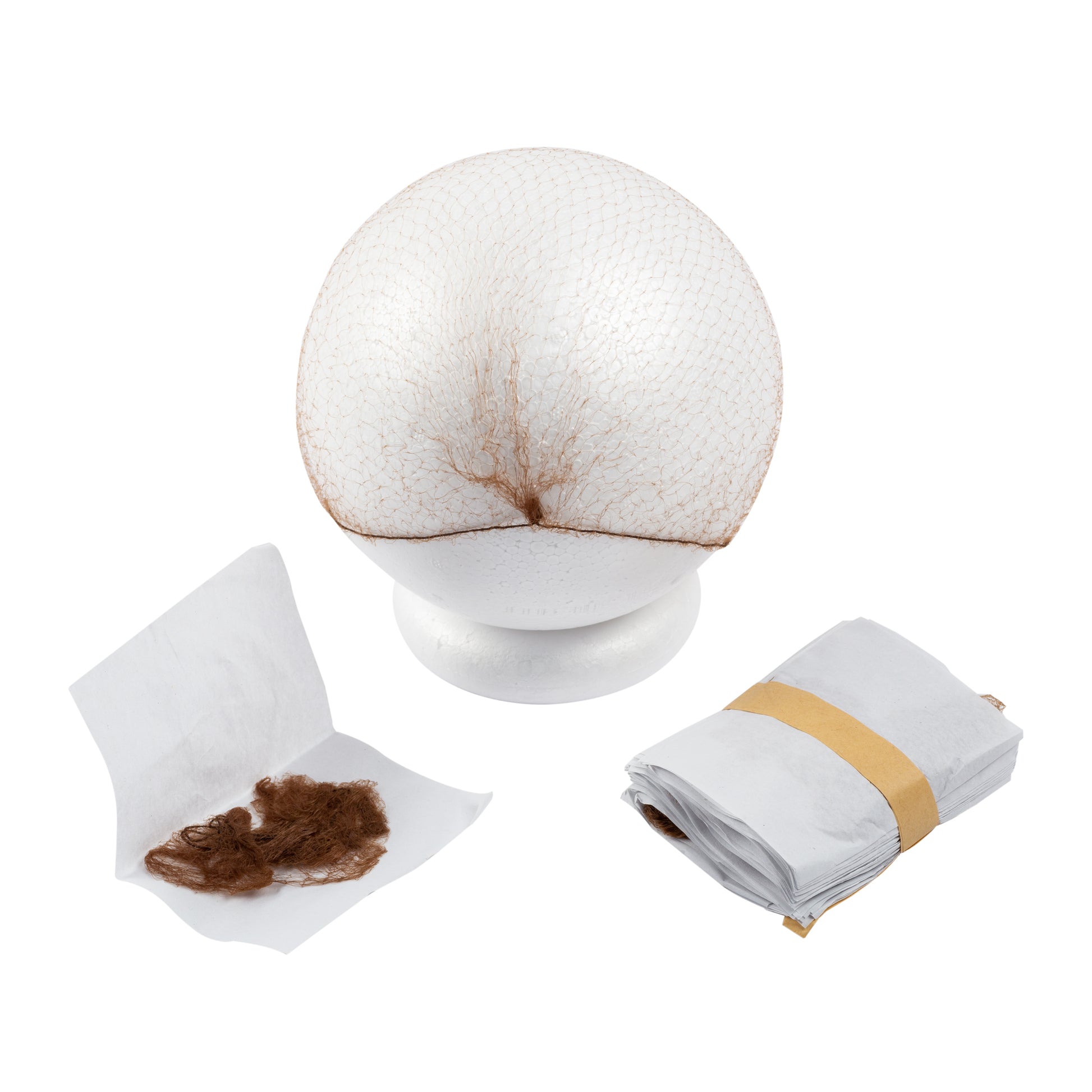 28" Light Brown Light Weight Hairnet Latex Free on foam ball with stack of hairnets in folded papers