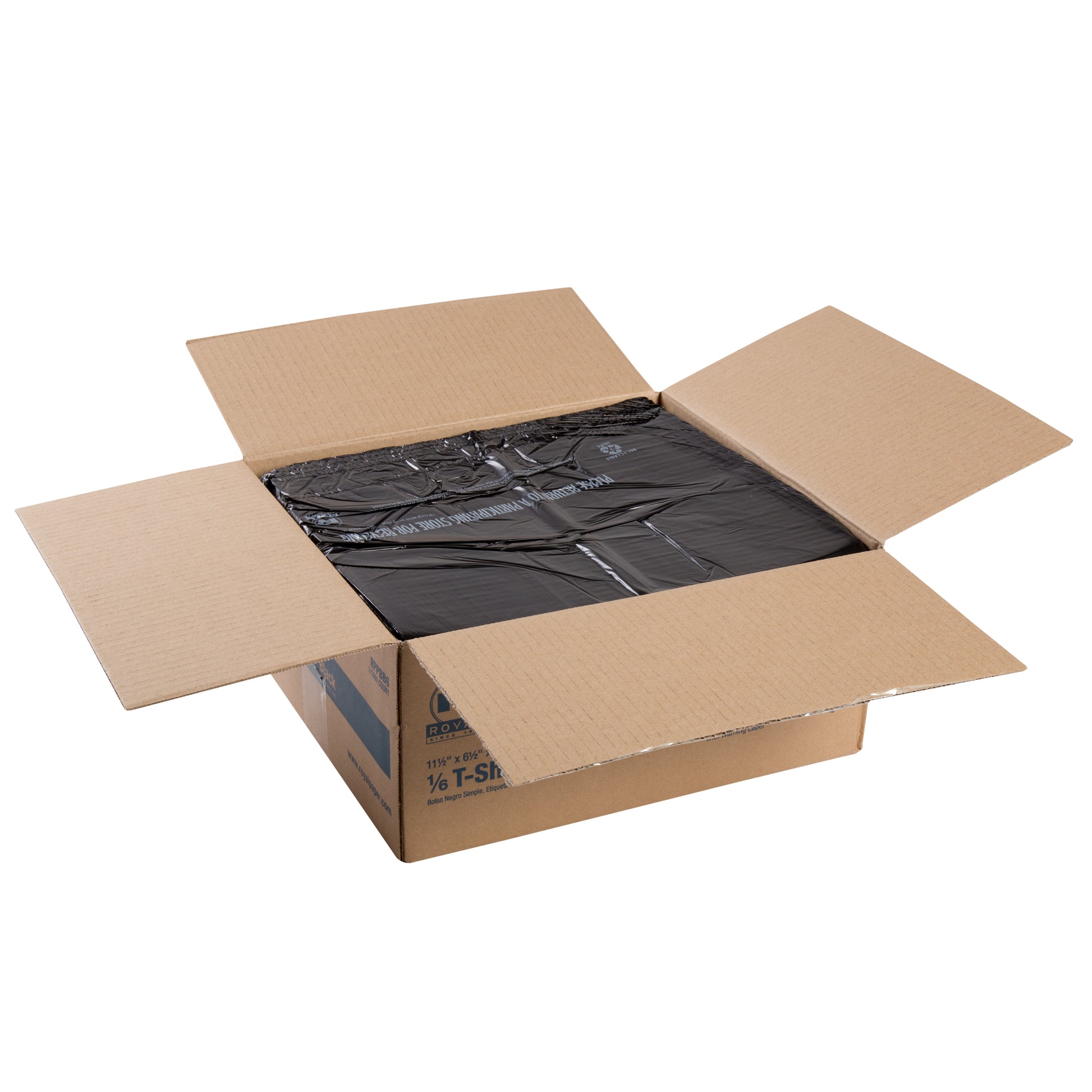 open case of 1/6 Plain Black Bags, 11.5" x 6.5" x 21.5"
