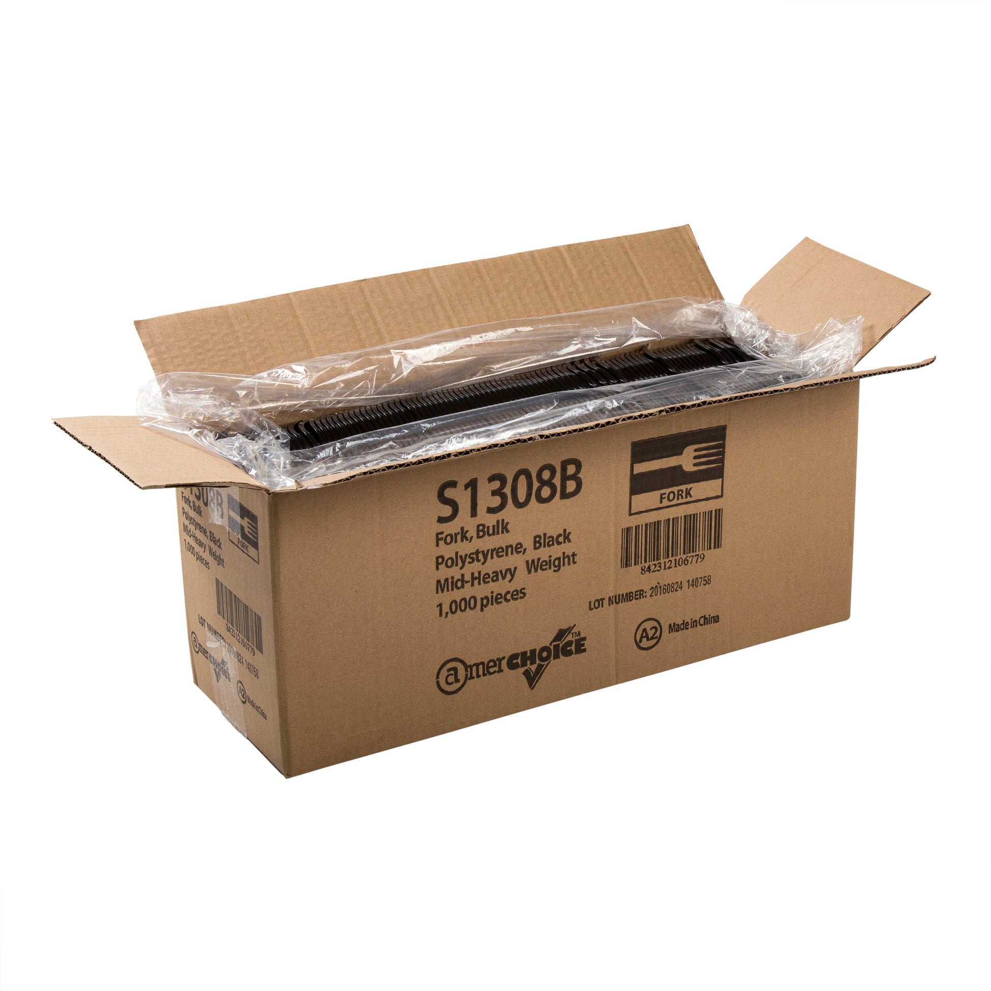open case of Medium Heavy Black Polystyrene Forks
