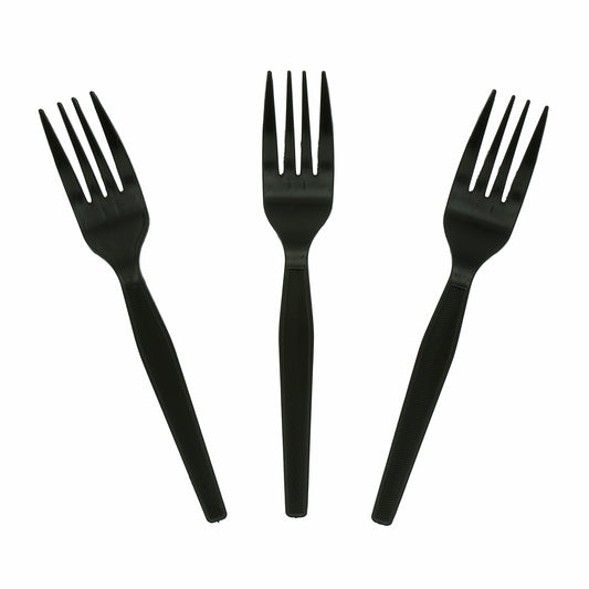 Three Medium Heavy Black Polystyrene Forks